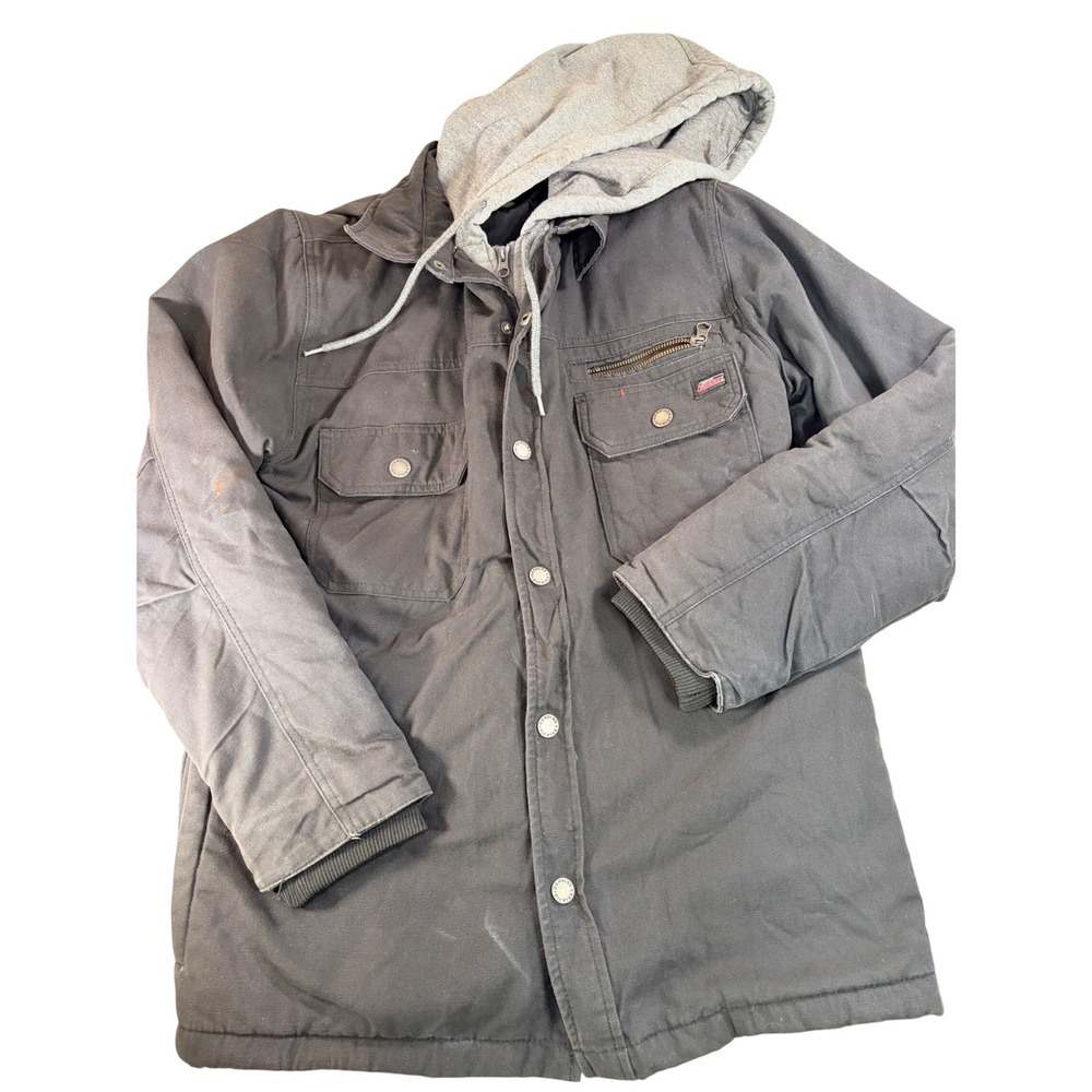 Genuine Dickies Mens Canvas Hooded Work Jacket Black Layered Utility Coat Size S